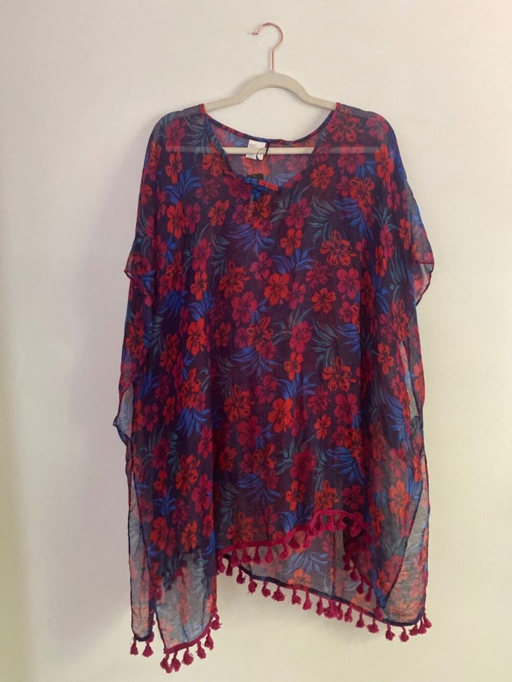 NWT Floral Sheer Poncho Cover-Up With Tassels OSFM